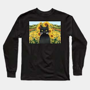 Black cat in a sunflower garden Long Sleeve T-Shirt